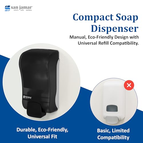San Jamar Manual Soap Dispenser – 1300 mL Capacity Liquid Dispenser for Bulk Foaming Soaps, Wall Mount, Refillable with Transparent Reservoir Easy Push Bar for Commercial or Office Use, Black Pearl