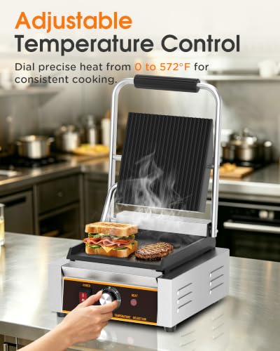 Commercial Panini Press - 1800W Electric Panini Sandwich Grill w/Nonstick Coating & Adjustable Temp, Panini Grill Press w/ 9"x9" Cooking Pan (Grooved Top & Flat Bottom), Double-sided Heating - style: 9"x9" Grooved top, flat bottom