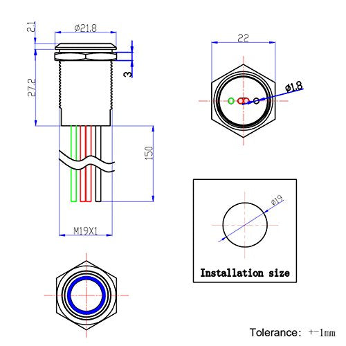 Touch Switch UT19T1 Stepless Dimming Switch DC 6V to 24V Blue LED Suitable for 19mm 3/4" Mounting Hole - color: Stepless Dimming