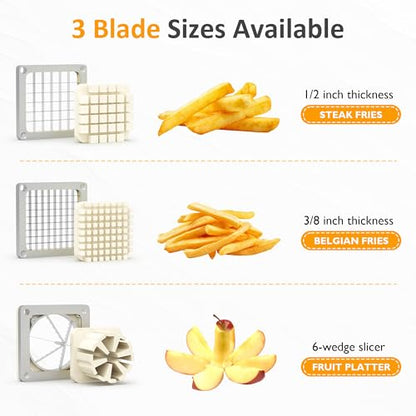 Sunvivi Commercial French Fry Cutter, Heavy Duty Potato Slicer with 3 Replaceable blades (1/2, 3/8 Inch, 6-wedge Slicer), Professional Fries Cutter for Restaurant & Home Kitchen, Stainless Steel - size: Large-Horizontal