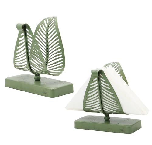 Owlgift Rustic Green Leaf Napkin Holder Set of 2 – Decorative Iron Tissue Organizer for Kitchen, Dining Table, or Entryway – Vintage Country Style Metal Letter Holder Rack - color: Rustic Green-2
