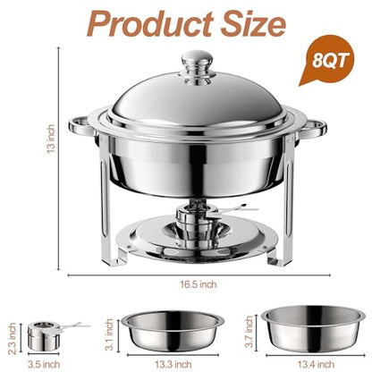 2 Pack 8QT Round Chafing Dish for Buffet Set with Lids, Silver - color: Silver-02