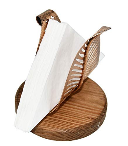 OwlGift Freestanding Modern Napkin Holder w/Bronze Metal Leaf & Brown Wooden Base Design, Tabletop Tissue Dispenser, Napkin Storage Organizer - color: Brown / Bronze