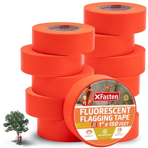 XFasten Orange Flagging Tape 12-Pack, 1-Inch x 1800 Feet Total Orange Marking Tape Ribbon, High Visibility Non-Fading Trail Marking Ribbon for Surveying Trees Construction Safety Caution 150ft/roll - color: Orange, size: 12-Pack (1,800 Feet Total)