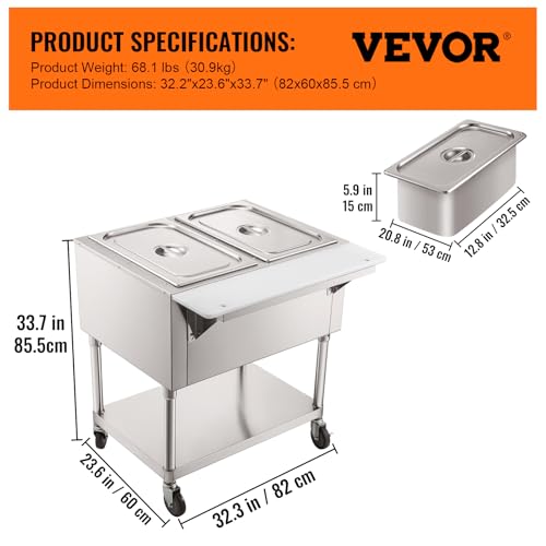 VEVOR Commercial Electric Food Warmer, 2-Pot Steam Table Food Warmer, Features 0-100℃ Adjustable Temp, Movable Professional Stainless Steel Table with ETL Certification for Catering and Restaurants - size: 2-Pot