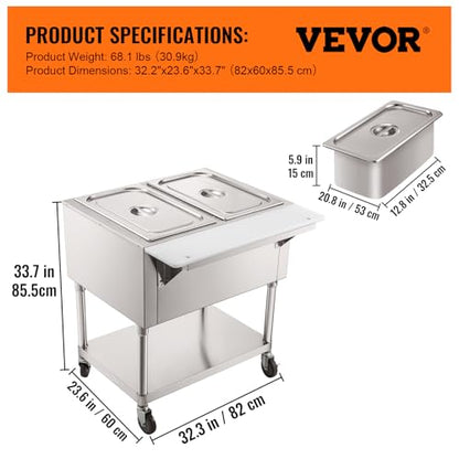 VEVOR Commercial Electric Food Warmer, 2-Pot Steam Table Food Warmer, Features 0-100℃ Adjustable Temp, Movable Professional Stainless Steel Table with ETL Certification for Catering and Restaurants - size: 2-Pot
