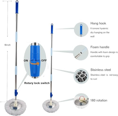 Spin Mop and Bucket with Wringer Set, 360° Spin Mop & Bucket Floor Cleaning System Mop Bucket with 61" Adjustable Extended Handle 3 Replacement Microfiber Refills, Set of 2 - color: Blue-2