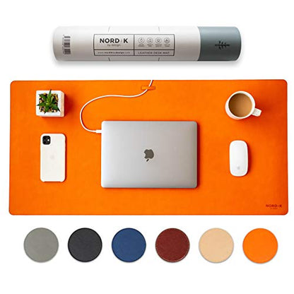 Nordik Leather Desk Mat -Tangerine Orange- Large Leather Desk Pad 35x17in - color: Tangerine Orange
