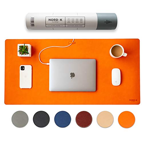 Nordik Leather Desk Mat -Tangerine Orange- Large Leather Desk Pad 35x17in - color: Tangerine Orange