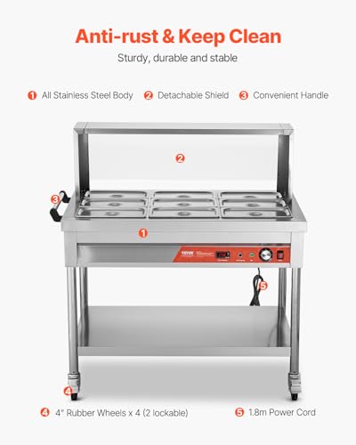 VEVOR 9-Pan Commercial Food Warmer, 9 x 1/3 Pans Electric Steam Table, 1500W Professional Buffet Catering Food Warmer with Shield Undershelf Wheels, Stainless Steel Server for Party Restaurant - size: 9-Pan