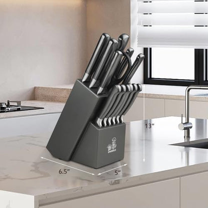 15-Piece Gray Kitchen Knife Set with Block and Sharpener, Dishwasher Safe - color: Gray