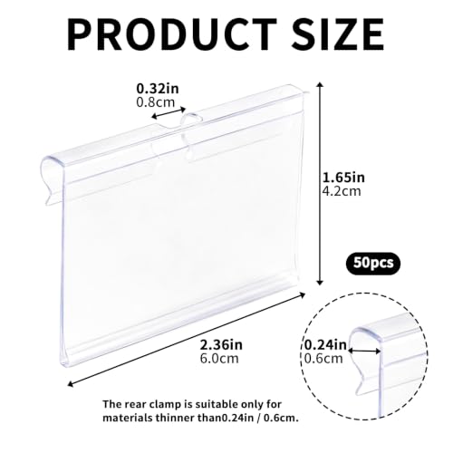 50 Pcs Basket Bin Labels Clip On, Clear Plastic Label Holders for Shelf