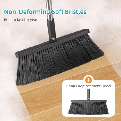 MOPALL Broom with Dustpan Combo Set with 53" Long Handle Inc 2 Broom Heads - color: Black & Grey