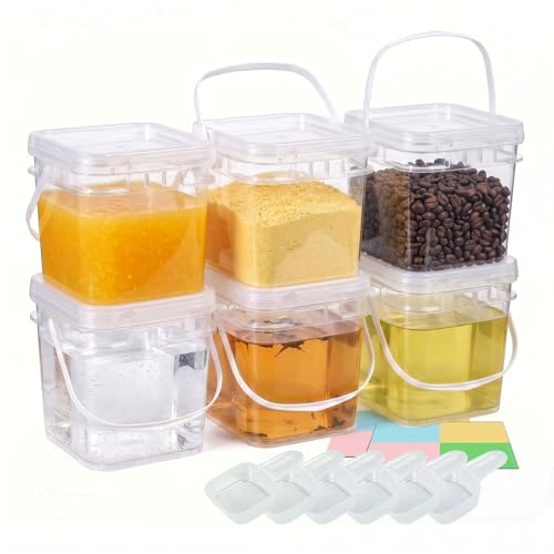 DEMORA 68oz Food Grade Square Plastic Bucket with Lid, Clear Airtight Storage Container, Reusable Pail for Kitchen Food Water Ice Cream Household Use (Transparent, 6Pcs) - color: Transparent