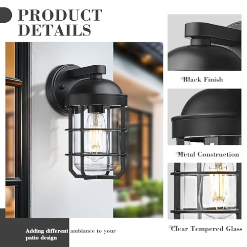 Emliviar 2-Pack Outdoor Exterior Wall Light Fixtures for Porch, 11.3 Inch Black Wall Mount Lantern with E26 Bulb Base, Clear Tempered Glass, GE255BL-2PK BK - color: Black - Clear Tempered Glass, size: 11.3 Inch