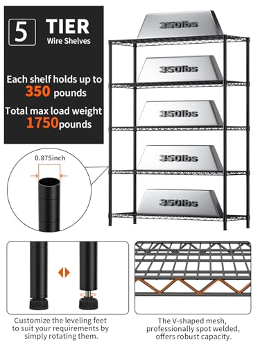 Golpart 5Tier Adjustable Storage Shelves Metal Wire Shelving Standing Shelf - color: Black, size: 5-tier-18"Dx46"Wx77"H