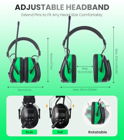 Digital AM/FM Radio Hearing Protection Earmuffs, 25 dB NRR - color: Am Fm Radio + Green