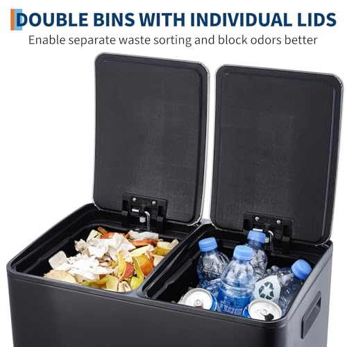 Garvee Dual Trash Can, 16 Gal (2 x 30 l) Stainless Steel Kitchen Garbage Can with Lid and Inner Bucket, Double Compartment Trash and Recycle Bin Combo with Step Pedal for Home Office, Black - color: Black, size: 30L+30L