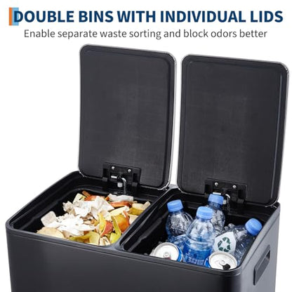Garvee Dual Trash Can, 16 Gal (2 x 30 l) Stainless Steel Kitchen Garbage Can with Lid and Inner Bucket, Double Compartment Trash and Recycle Bin Combo with Step Pedal for Home Office, Black - color: Black, size: 30L+30L