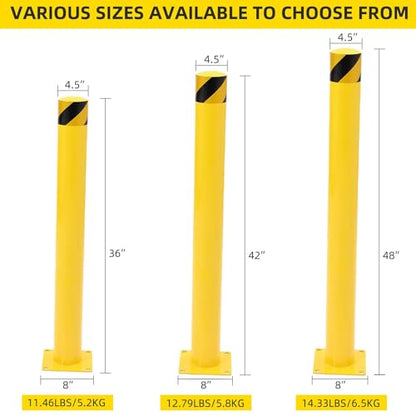 4-Pack Heavy Duty Safety Bollards, 48" Height, 4.5" Diameter Steel Pipe Bollard Post with 16 Anchor Bolts, High-Visibility Yellow Parking Bollard for Traffic Control, Warehouses, & Pedestrian Safety - size: 48 inch