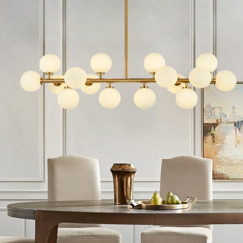 KCO Lighting Modern Glass Linear Pendant Light White Globe Chandelier Light Fixture Gold Rectangle Chandelier 16 Light Brass Globe Sputnik Dining Room Chandelier Mid Century Pendant Light - color: 16 Light-Gold