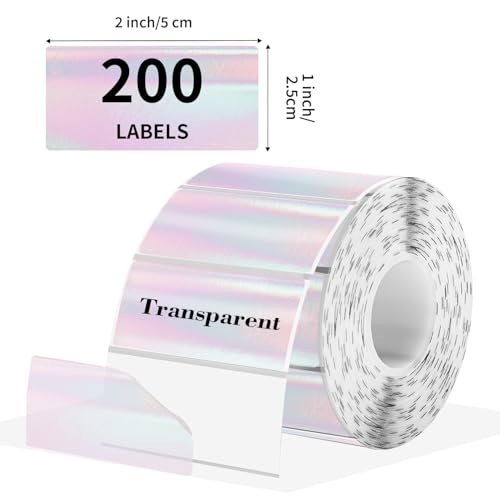 Transparent Clear Thermal Label Stickers, 2 x 1 Inch Printable Transparent Stickers, Holographic Pink Direct Clear Thermal Labels, Perforation Line Design- 200 Sheets - color: Transparent Pink, size: 2"x 1"