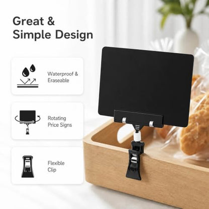 10 Pack Mini Plastic Chalkboard Sign with Clip, Double Sided Rotating Reuse Price Signs for Business Retail Food Clothing Rack Shelf Basket, Clip on Sign Holder (Black) - color: Black