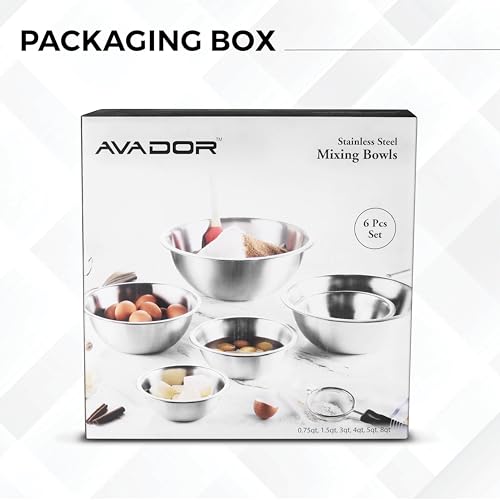 AVADOR Set of 6 Premium Stainless Steel Mixing Bowls Set, Easy To Clean, Space Saving Nestable Design, Great for Cooking, Baking, Prepping (0.75qt, 1.5qt, 3qt, 4qt, 5qt, 8qt) - size: 6 pc (0.75 qt, 1.5 qt, 3 qt, 4 qt, 5 qt, 8 qt)