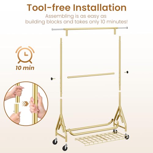 Heavy Duty Clothes Rack for Hanging Clothes, Double Rods Clothing Rack with Lockable Wheels, Rolling Garment Racks with Shelf, Easy to Assemble, Gold - color: Gold, size: Doule Rods