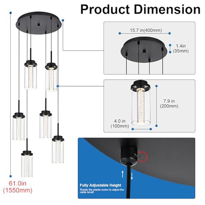MELUCEE 6-Light Modern LED Pendant Lights Kitchen Island Black with Glass - color: Black, size: 6-Light-Round