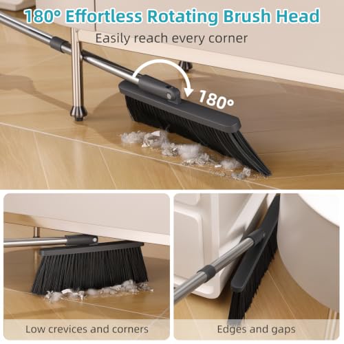 MOPALL Broom with Dustpan Combo Set with 53" Long Handle Inc 2 Broom Heads - color: Black & Grey