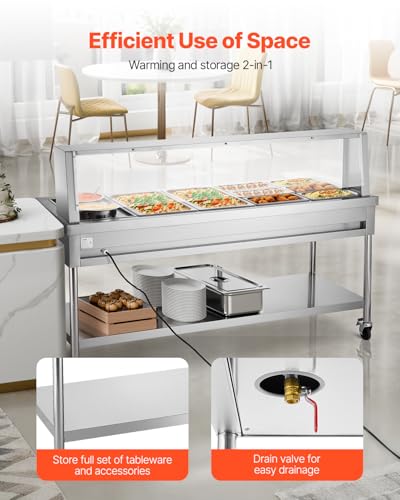 VEVOR Commercial Food Warmer, 8 Pans + 2 Pots Electric Steam Table, 1800W Professional Buffet Catering Food Warmer with Shield Undershelf Wheels, Stainless Steel Server for Party Restaurant - size: 8 Pans + 2 Pots