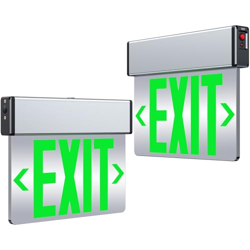 Green Led Edge Lit Exit Sign UL Listed, Brushed Aluminum Housing Double-Sides Mirrored Acrylic Emergency Exit Signs with Battery Backup, AC 120-347V Hardwired Exit Lights, Top/Side/Wall Mount (2 Pack) - color: Double Sided Green, size: 2 Pack