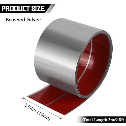 Stainless Steel Kick Plate, Self Adhesive Metal Door Kick Plate 9.8FT x 3.9IN Peel and Stick Baseboard Molding Trim Anti-Scratch Toe Kick Cover for Interior Exterior Doors Kitchen Cabinets Cupboard - color: Brushed Silver