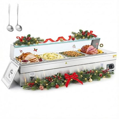 WILPREP 4-Pan Commercial Food Warmer with Sneeze Guard, Four 1/2 Pans, 1500W Countertop Electric Warmer, 86-185°F Adjustable Temp Control, Stainless Steel Buffet Bain Marie - size: 1/2 pan*4