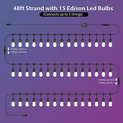Mlambert 48FT Outdoor Patio RGB Cafe String Lights with Remote, Black - color: Black