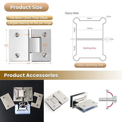 Alise Glass Shower Door Hinge,180° Hinge for Glass Door,Polished Chrome(1P) - color: Polished Chrome, size: 180 degree