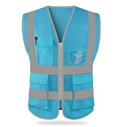 HYCOPROT High Visibility Safety Reflective Vest with Pockets and Zipper, Meets ANSI/ISEA Standards - color: Sky Blue-knit, size: Small