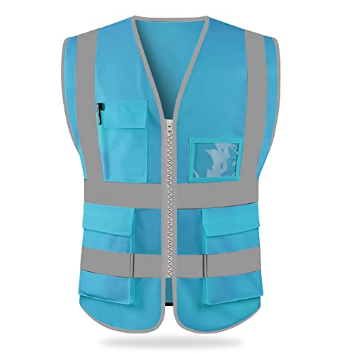 HYCOPROT High Visibility Safety Reflective Vest with Pockets and Zipper, Meets ANSI/ISEA Standards - color: Sky Blue-knit, size: Small