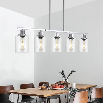 39.4" Kitchen Island Lighting, 5 Lights Clear Glass Pendant Light Fixtue, Chrome Linear Metal Chandelier for Dining&Living Room Foyer,Height Adjustable,E26 Socket - color: Chrome