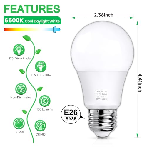 MAXvolador 12-Pack A19 LED Light Bulbs, 100 Watt Equivalent LED Bulb, 6500K Cool Daylight White, 1100 Lumens, E26 Medium Base, CRI 85+, Non-Dimmable - color: Cool Daylight White