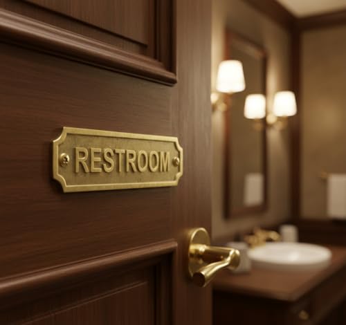 Solid Brass RESTROOM Door Sign Plaque 22 x 5 cm Engraved Bathroom Sign Plate Wall Mount with Screws for Home Office Hotel Restaurant Washroom Identification Signage - color: RESTROOM
