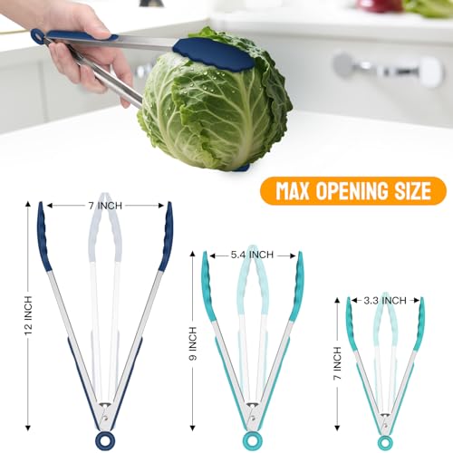 HOTEC Premium Stainless Steel Locking Kitchen Tongs with Silicon Tips, Set of 3-7", 9" and 12" (Gradient Blue) - color: Gradient Blue:12+9+7inch