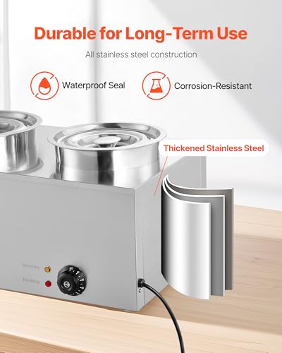 VEVOR Electric Soup Warmer, Two 6.34QT Stainless Steel Round Pot with 86~185°F Adjustable Temp, 1200W Commercial Bain Marie Compatible with Pans, Soup Station for Restaurant, Buffet - size: 2×6L Pots