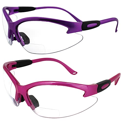 Birdz Eyewear Flamingo Safety Glasses for Nurses Dental Assistant Glasses Shooting Sunglasses for Women Ladies Men 2 Pairs Black Purple & Hot Pink Frames w/Clear Lens 2.0+ Magnification