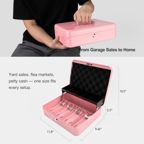 Cash Box with Key Lock – 0.7mm Steel Cash Drawer with Money Bag & Auto-Pop Coin Tray, 4 Upgraded Finger-Safe Bill Clips, Portable Register for Vendors, Business & Home, 11.8" x 9.5" x 3.5", Soft Pink - color: Soft Pink