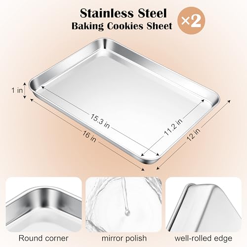 E-far Stainless Steel Baking Sheet Set of 2, 16” x12” x 1” Cookie Sheet Pan - size: 16"x 12"
