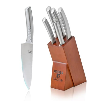 Moss & Stone Small 6 Pcs Kitchen Knife Set with Block, Stainless Steel - color: Stainless Steel, size: 6 Pcs