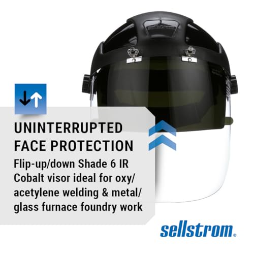 Sellstrom DP4 Face Shield - Lightweight Mask with High Impact Crown & Ratchet Headgear for Work, Grinding, Plasma/Flame Cutting - ANSI Z87.1 - Clear Anti Fog Polycarbonate Window - UV/IR Flip Up Visor - style: Shade 6 Cobalt Visor