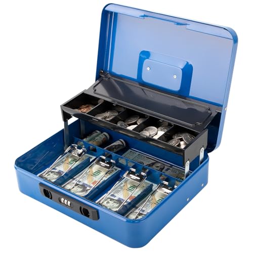 Cash Box with Snap Latch Combination Lock and Sliding Coin Lid, Secure Cash Box with Money Tray and Lock, Durable Safe Money Box for Home and Office,Blue,11.8"L x 9.5"W x 3.5"H - color: Deep Cobalt